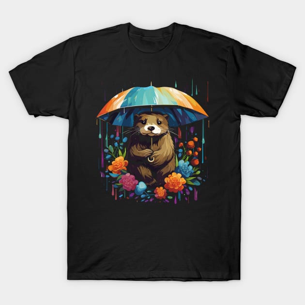 Otter Rainy Day With Umbrella T-Shirt by JH Mart